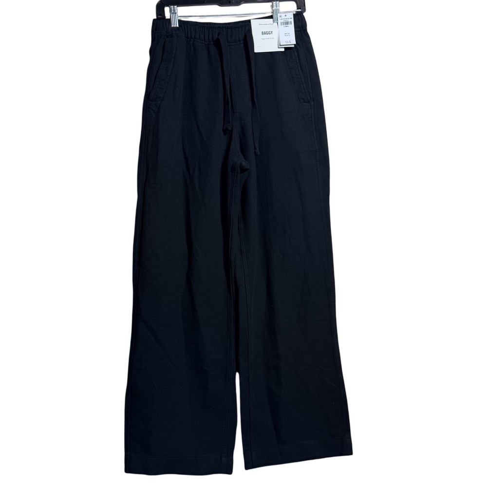 NEW Abercrombie & Fitch Baggy Black Cotton Linen Wide Leg Pants XS $80